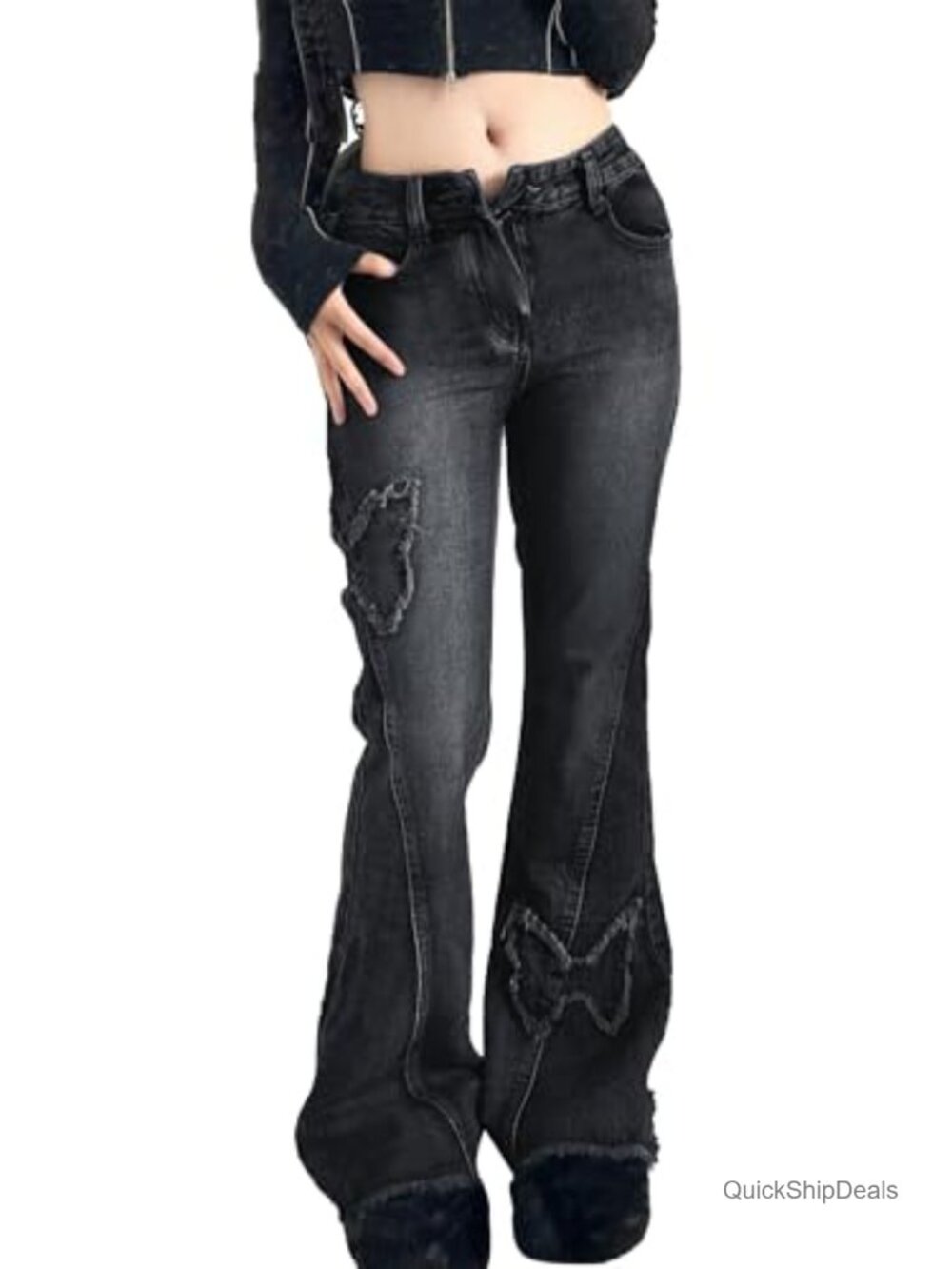 Y2K Butterfly Flare Jeans Low Rise Denim Bell Bottom Embroidered